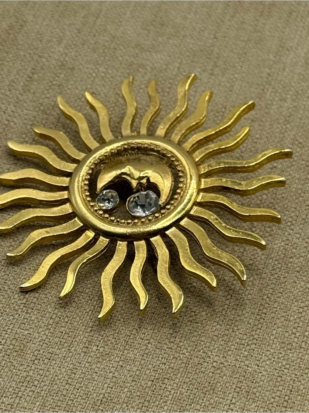 Gold Sunburst Moon Brooch with Crystal Accents